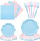 96 Pcs Baby Gender Reveal Scalloped Plates and Napkins Set Party Supplies,Tableware set for 24 Guest include Pink and Blue Dessert Plates, Napkins and Forks for Baby Shower Gender Reveal Party
